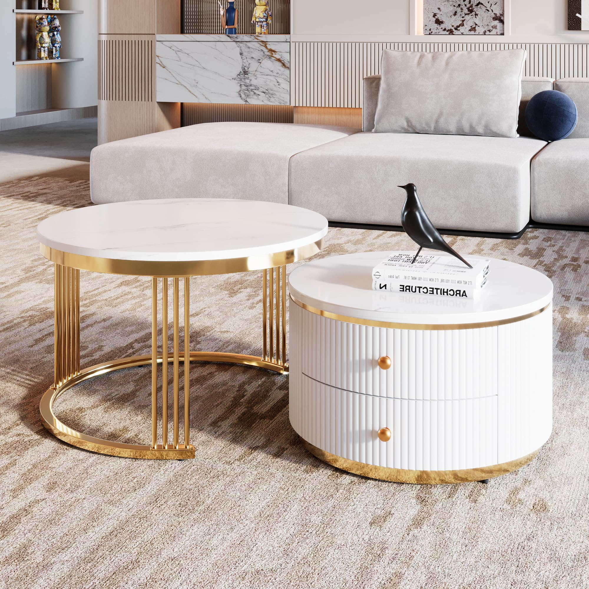 Modern Round Nesting Coffee Tables Set of 2, White with Gold Base