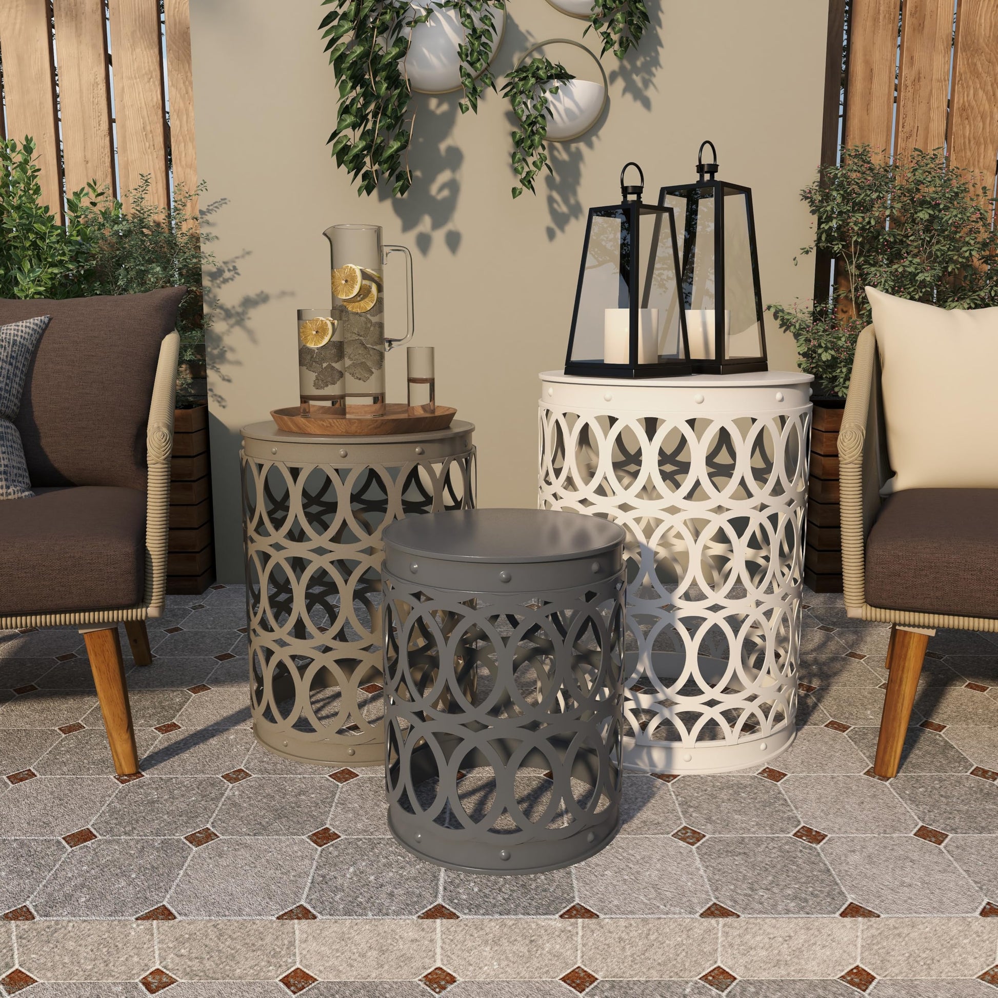 Deco 79 Metal Side End Accent Table Indoor Outdoor Nesting End Table with Carved Trellis Design, Set of 3 Side Table 23", 19", 15"H, Multi Colored - Bircata
