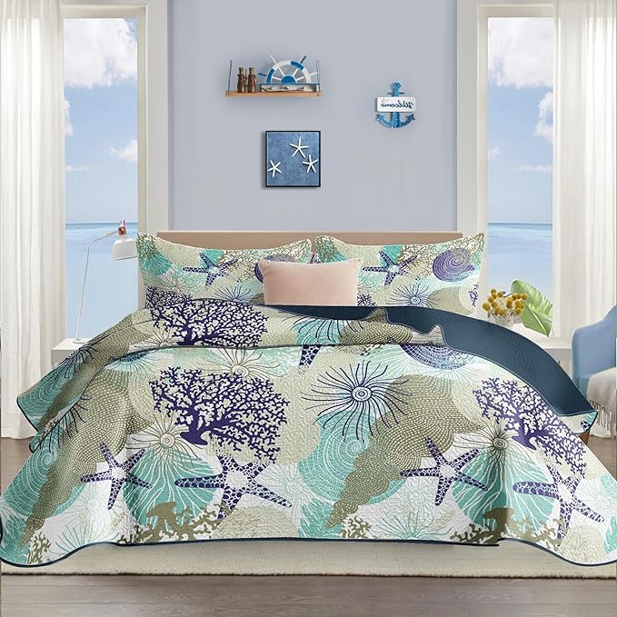 3 Piece Coastal Quilt Sets King Size - Reversible Microfiber Quilts with 2 Shams Soft