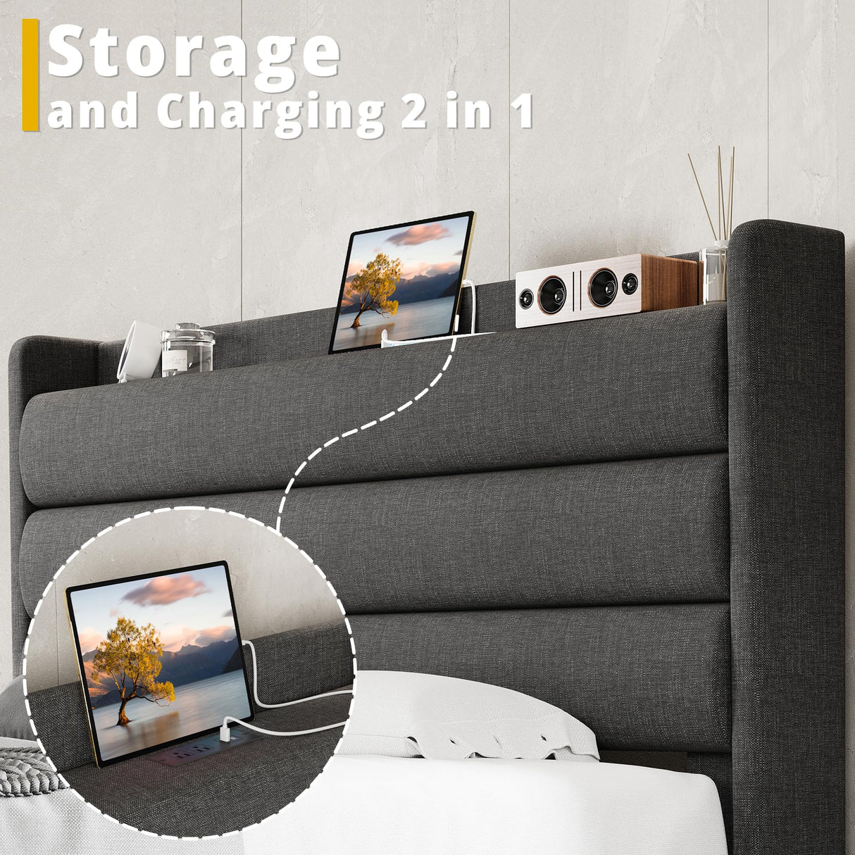 Queen Size Bed Frame, Storage Headboard with Outlets, Sturdy and Stable