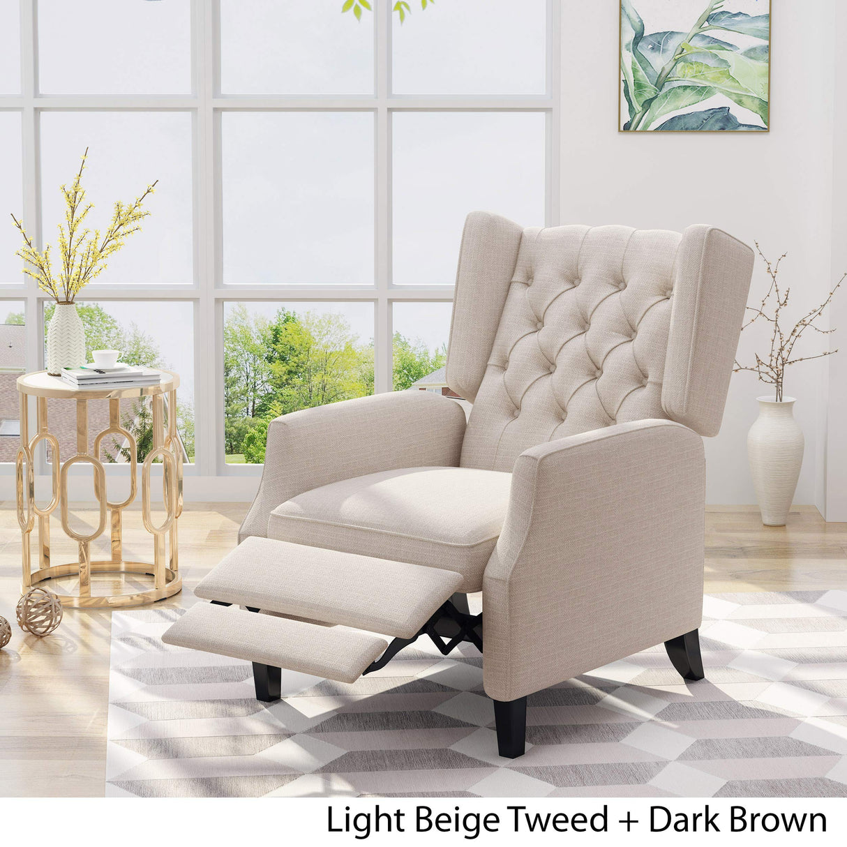 Christopher Knight Home Diana Wingback Recliner, Light Beige Tweed + Dark Brown