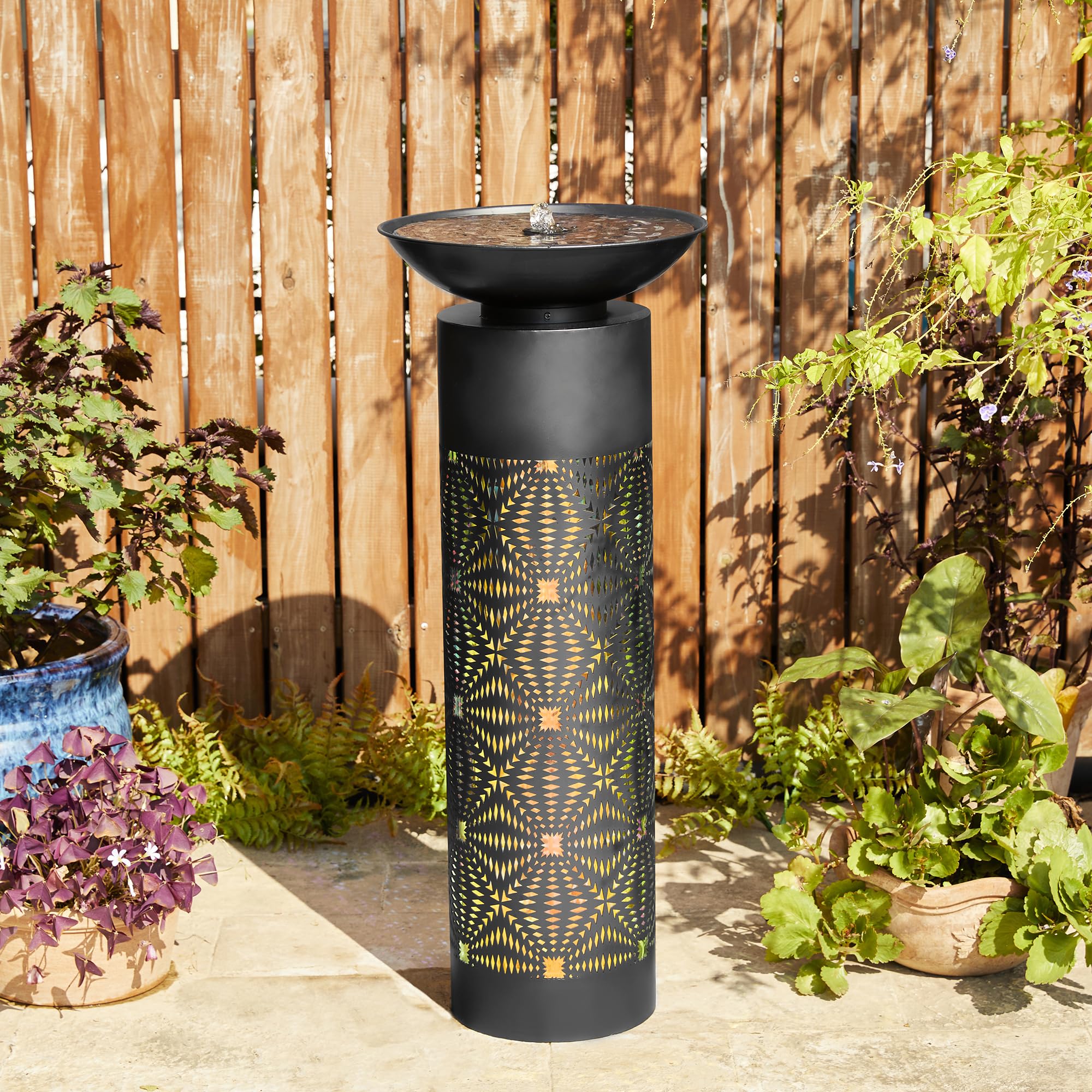 Metal Fountain Outdoor Bird Bath Water Fountains with LED Light, Pump & Adapte
