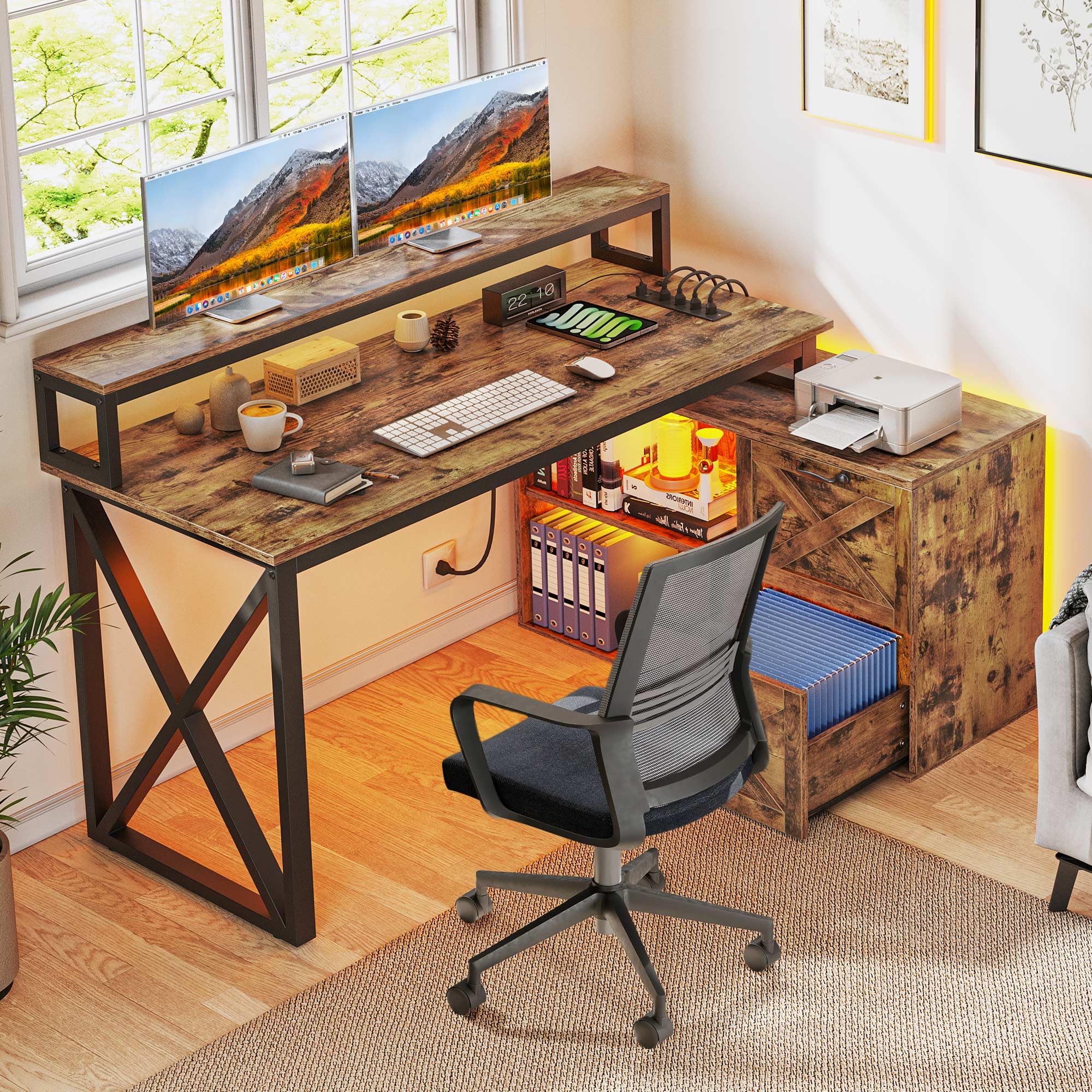 L Shaped Desk with Drawers, 55" Computer Desk with Power Outlets & LED Lights