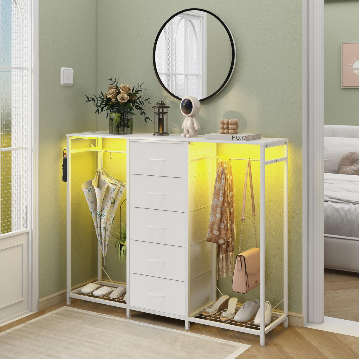 Dresser for Bedroom with Clothes Rack 5 Drawer Dresser with Charging Station LED Lights White Chest of Drawers Flexible Shelf and Open Storage