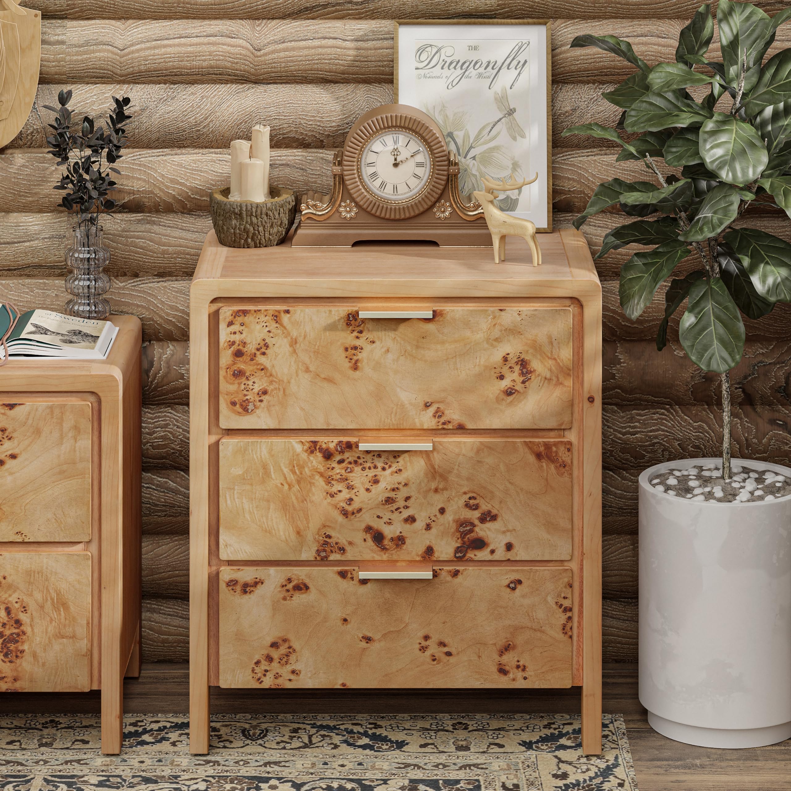Fully Assembled Farmhouse 3-Drawer Nightstand, Set of 2，Distressed Wood Retro