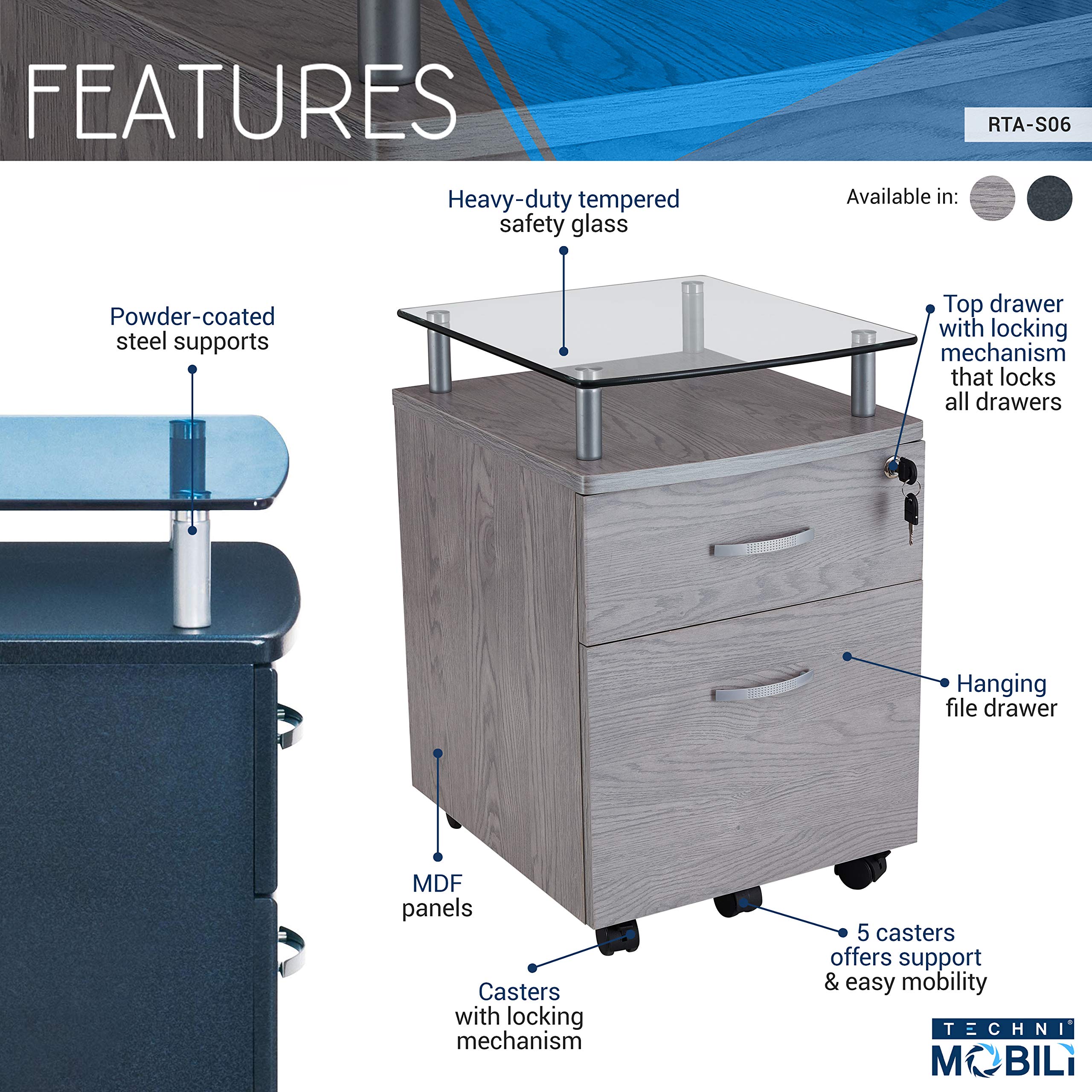 Rolling File Cabinet with Glass Top, Graphite