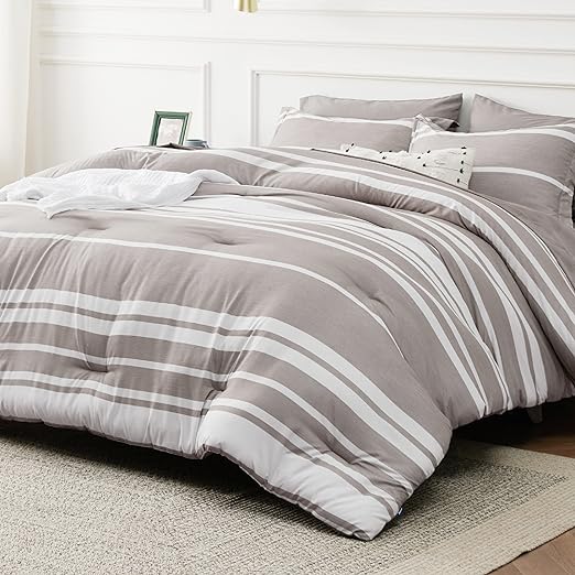 Grey White Striped Comforter for Queen Size Bed