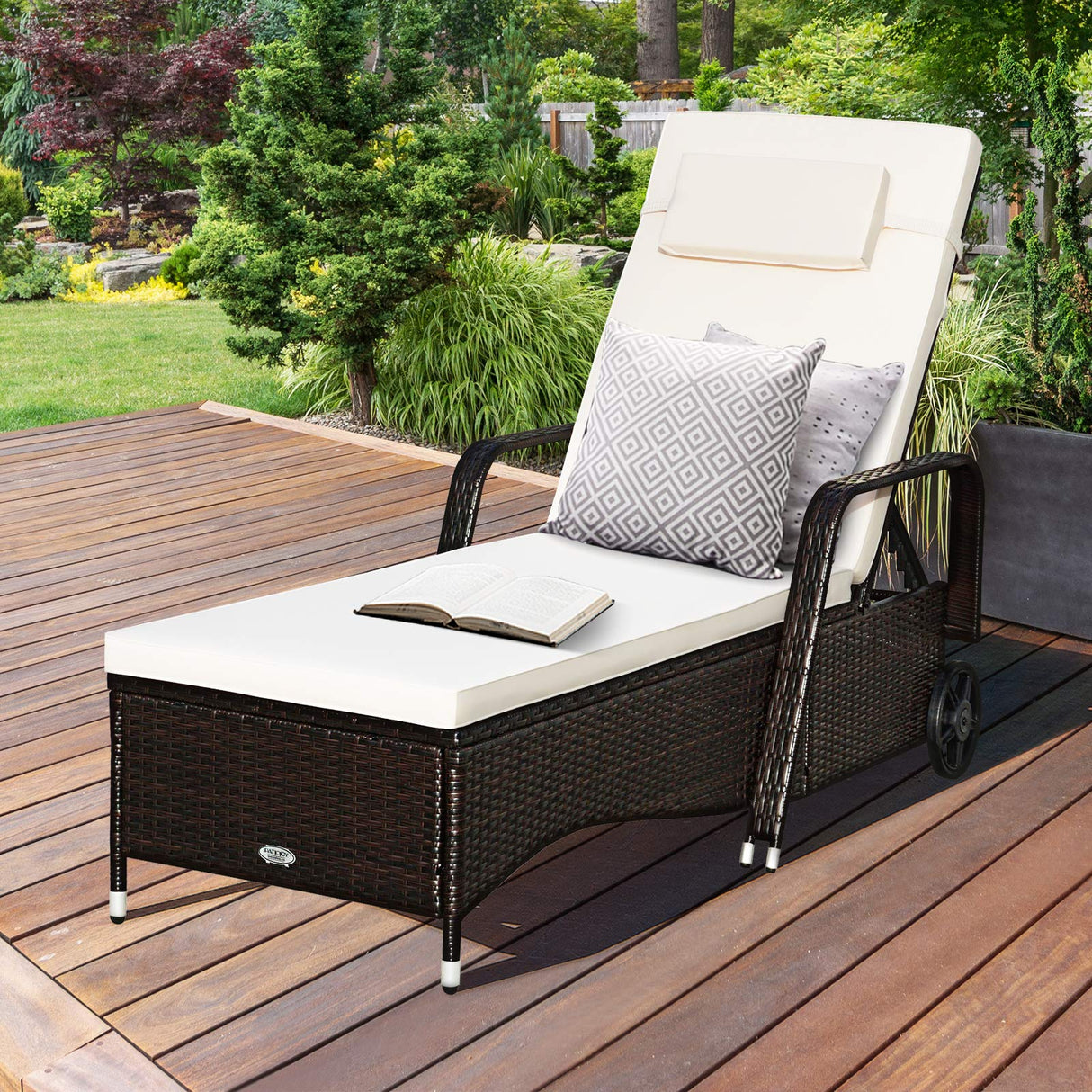 HAPPYGRILL Patio Chaise Lounge Outdoor Rattan Wicker Recliner Lounger Chair with Cushion and Wheels for Balcony Garden Poolside
