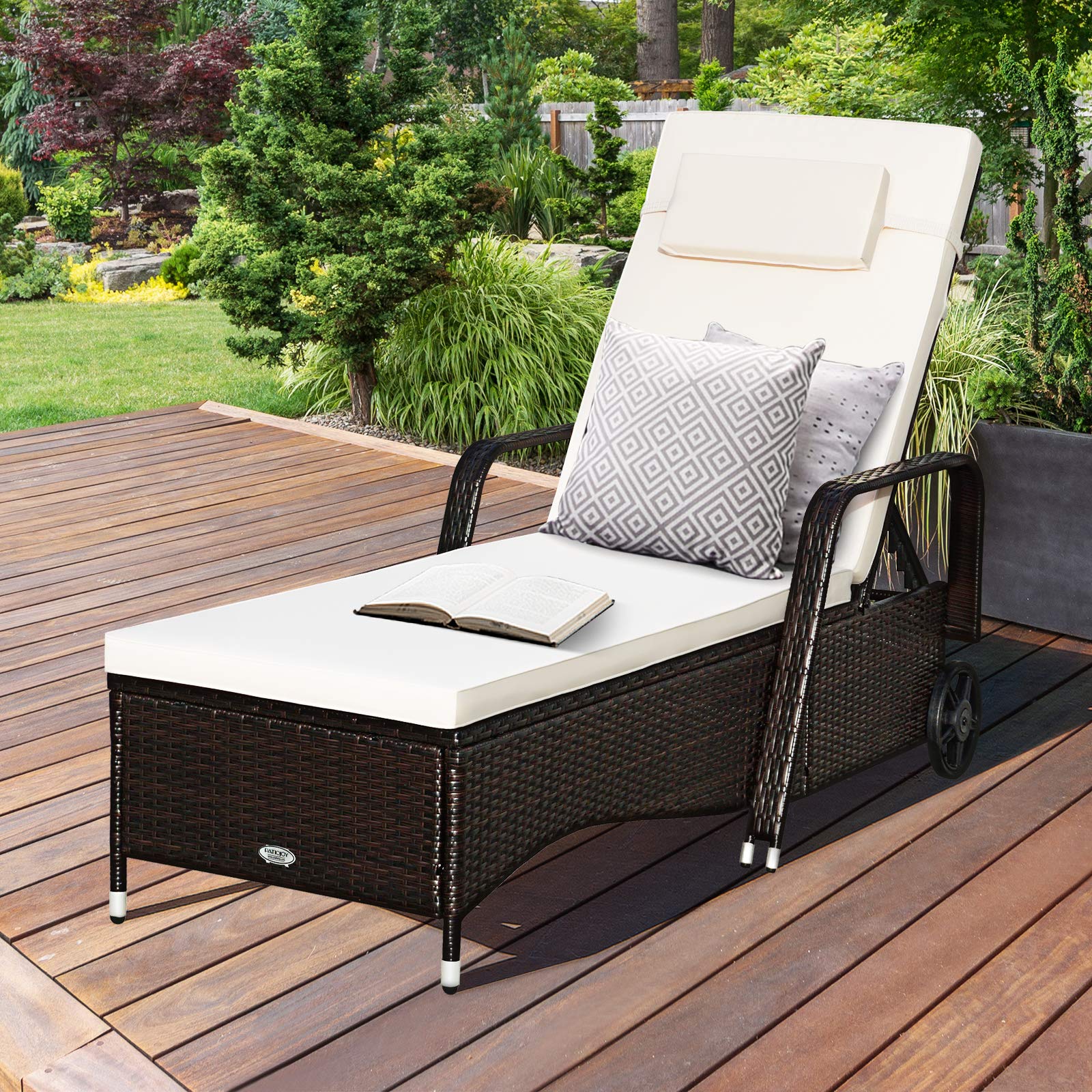 HAPPYGRILL Patio Chaise Lounge Outdoor Rattan Wicker Recliner Lounger Chair with Cushion and Wheels for Balcony Garden Poolside