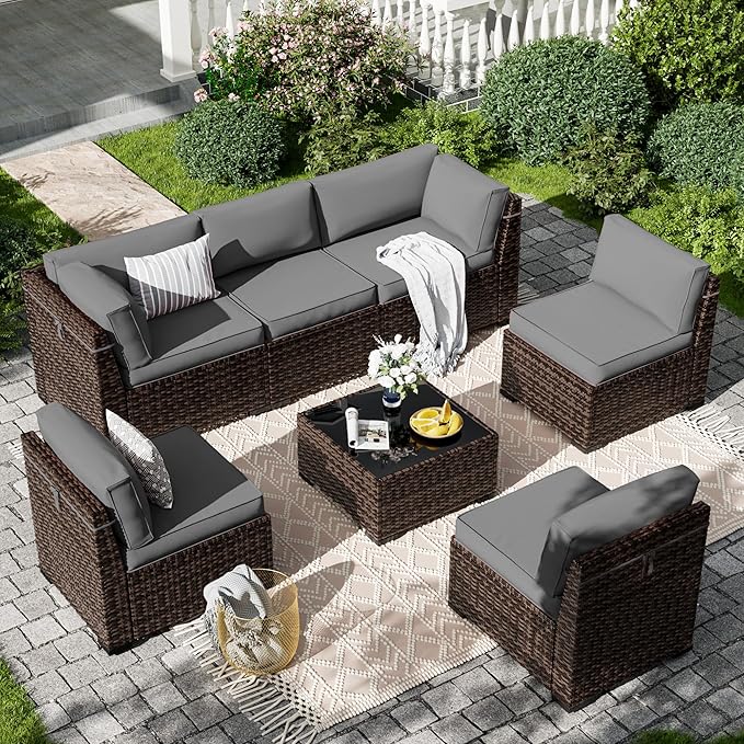 7 Pieces Patio Furniture Set, Outdoor Furniture Sectional Sofa Set with Slanted Back