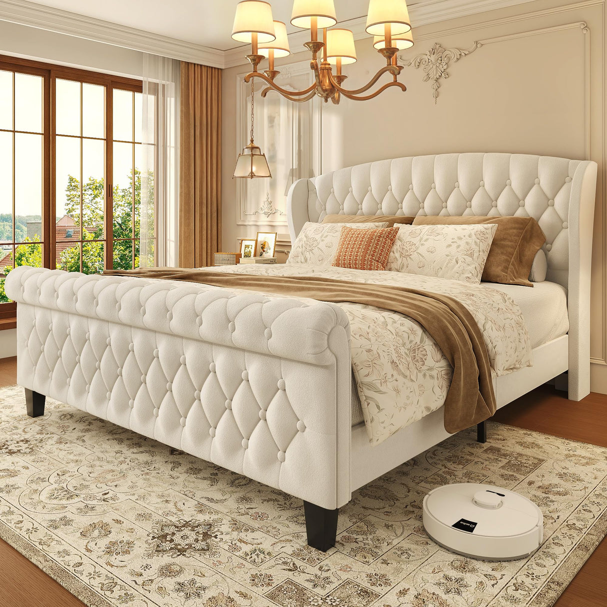 Queen Velvet Upholstered Sleigh Bed Frame with Wingback Headboard
