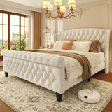 Queen Velvet Upholstered Sleigh Bed Frame with Wingback Headboard