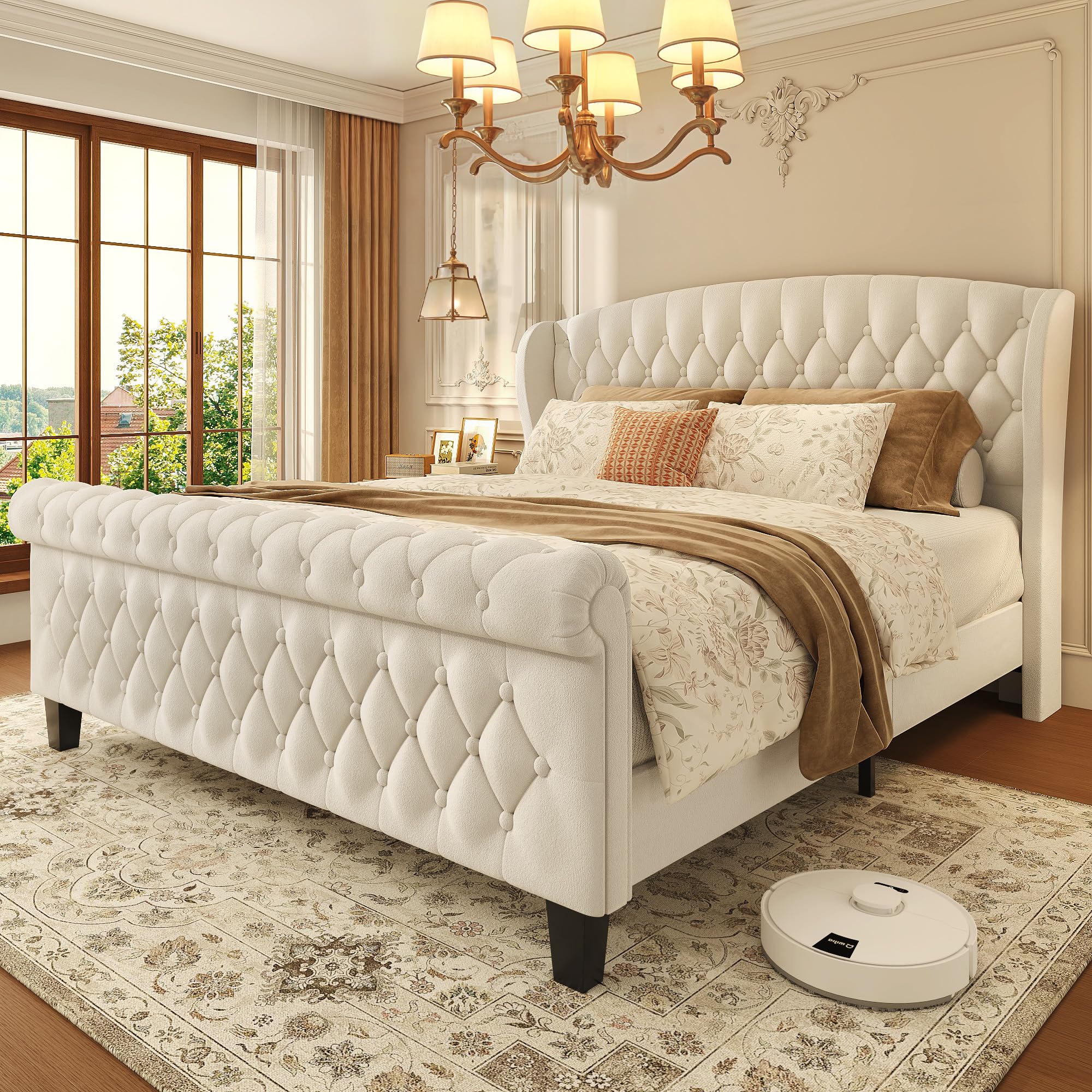 Queen Velvet Upholstered Sleigh Bed Frame with Wingback Headboard