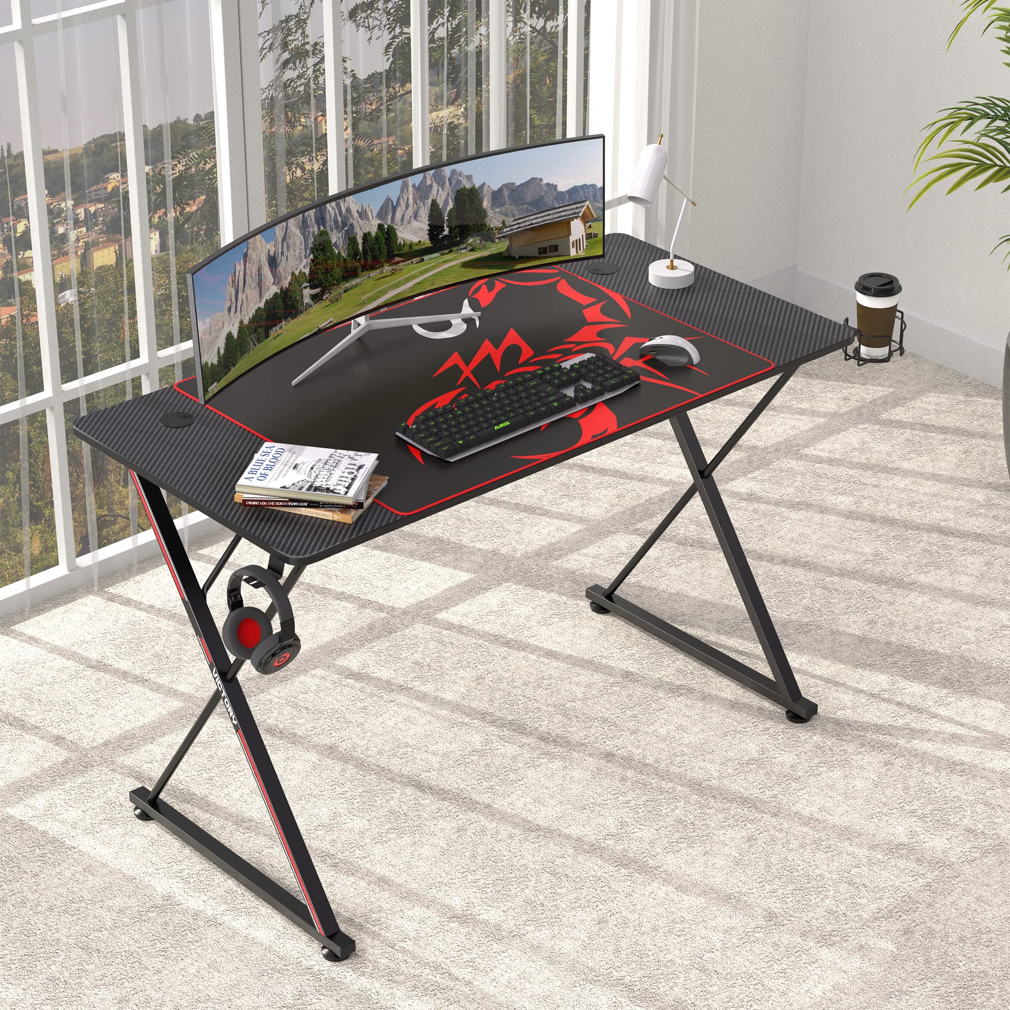 Gaming Desk, 47 inch Gamer Workstation, Carbon Fiber Surface Gaming Computer Desk