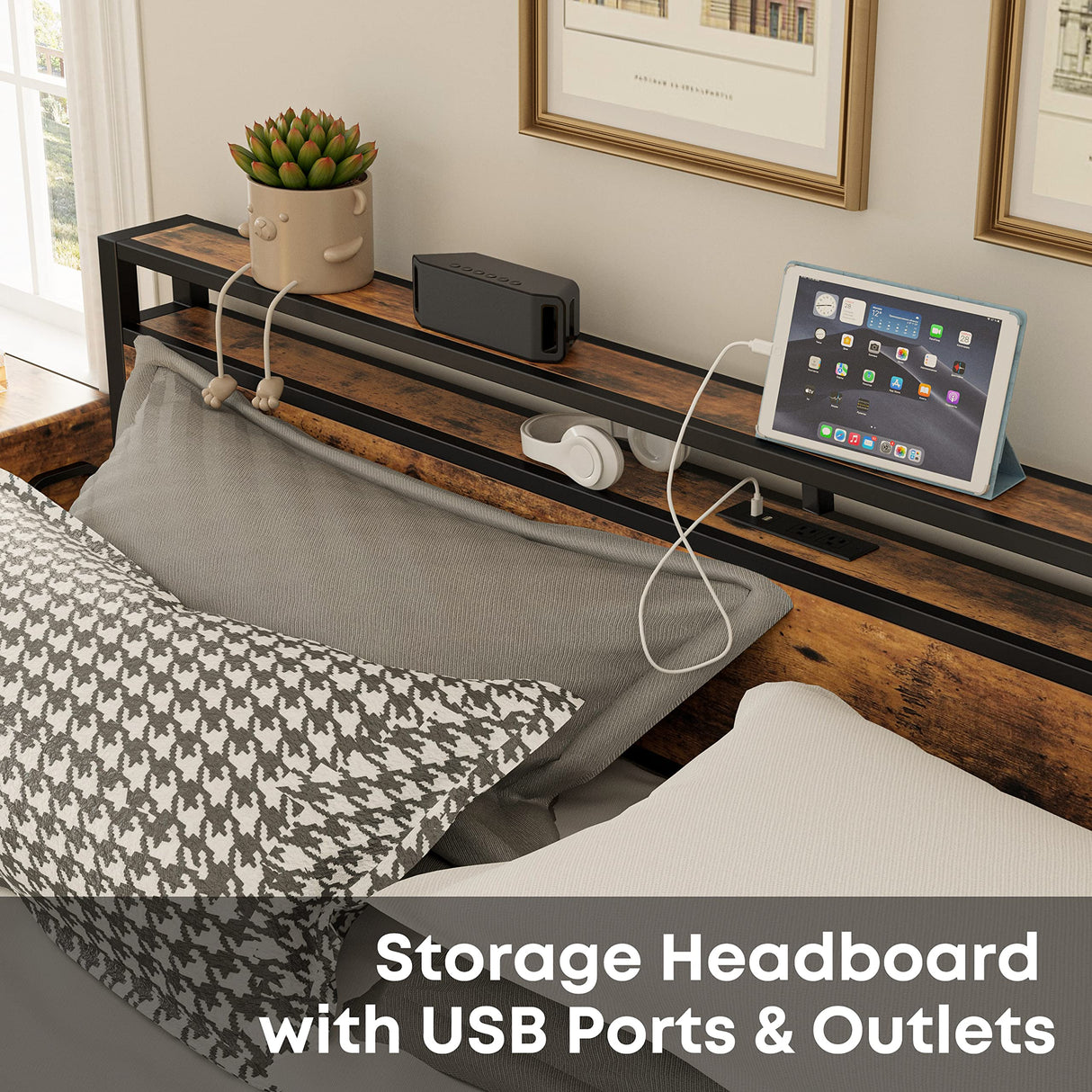 King Bed Frame with Storage Headboard, Platform Bed with Drawers and Charging Station,
