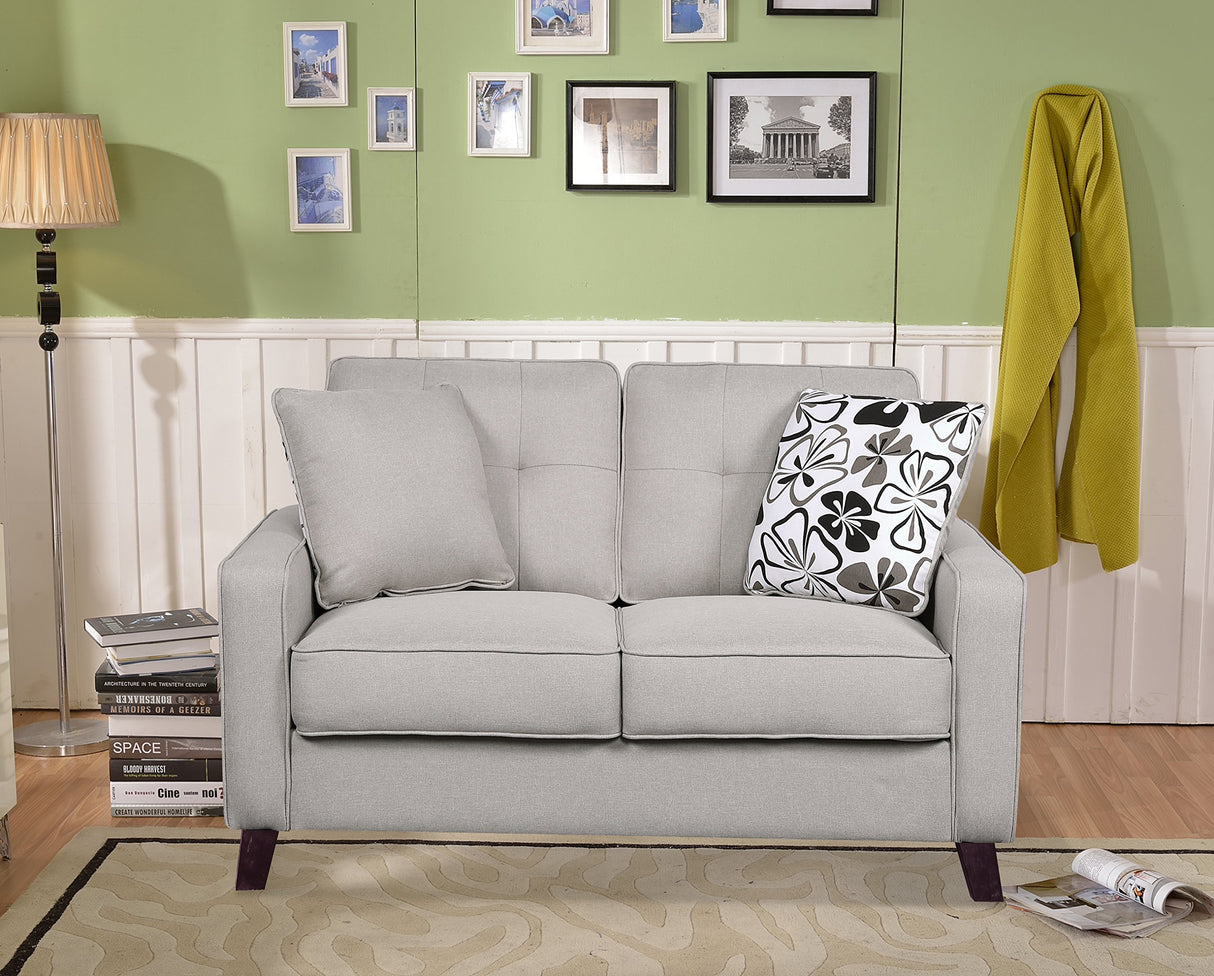 Lillana Linen Upholstered Mid-Century Modern Loveseat with Two Accent Pillows, Beige