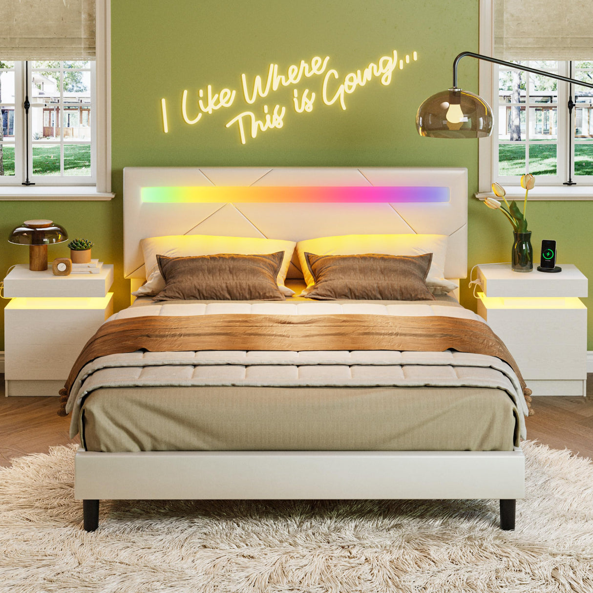 Queen Bed Frame with LED Lights(Smart APP Control), Upholstered Modern Platform Bed