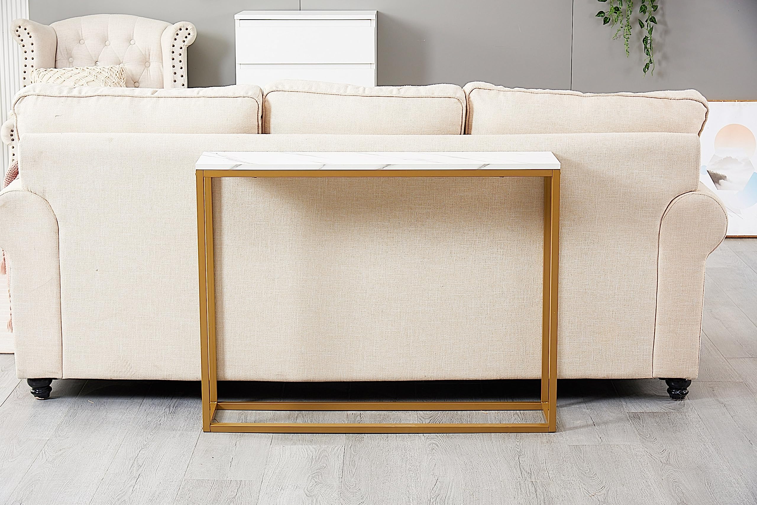 Modern Console Table for Entryway, MDF Faux Marble Sofa Table with Golden Metal