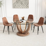 48"Round Dining Table Set for 4，Glass Kitchen Table Set for 4 Brown Chairs