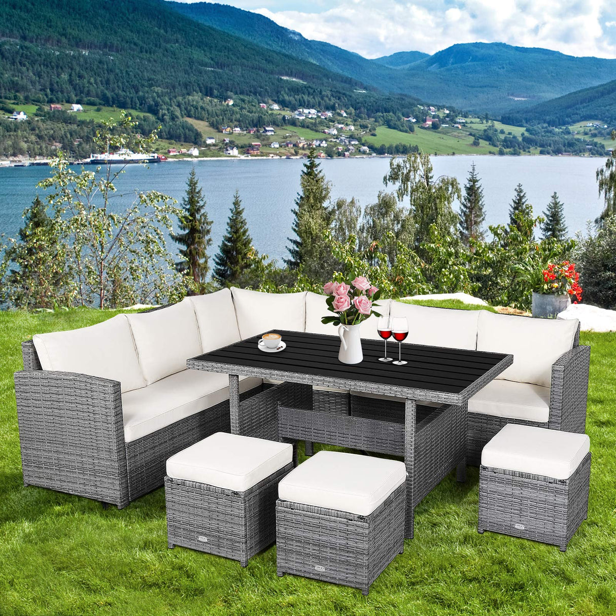 7 PCS Wicker Patio Furniture Set, Outdoor Rattan Sofa Set with Dining Table & Ottomans Soft