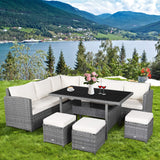 7 PCS Wicker Patio Furniture Set, Outdoor Rattan Sofa Set with Dining Table & Ottomans Soft