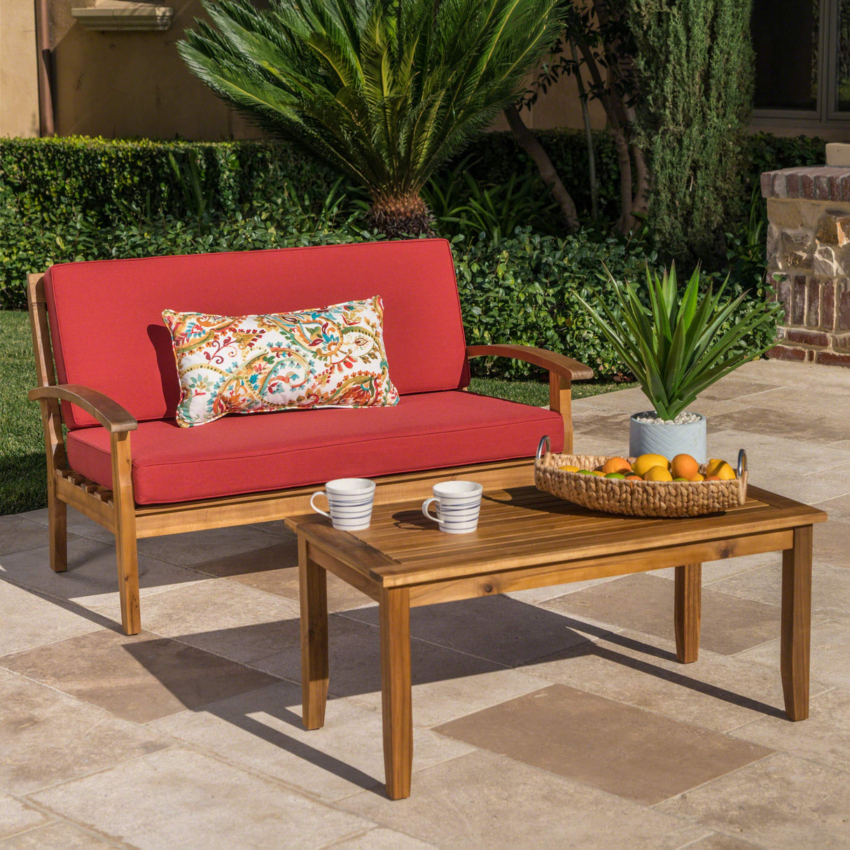 Peyton Outdoor Acacia Wood Loveseat and Coffee Table Set