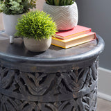 Dark Grey Hand Carved Details Tarton Round Side Table