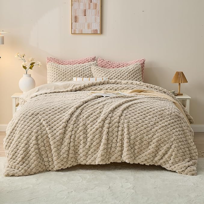 Fluffy Faux Fur Comforter Set, Plush Fuzzy Minky Bedding Set