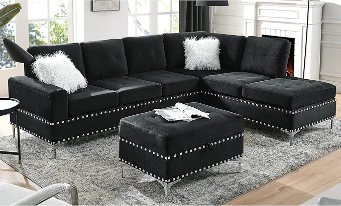 Living Room Furniture Set, Sectional 5-Seater Sofa with Reversible Chaise, Corner Sofa Set with Ottoman, L Shaped Couch for Apartment, Living Room (104.5 Inch Velvet, Gray)