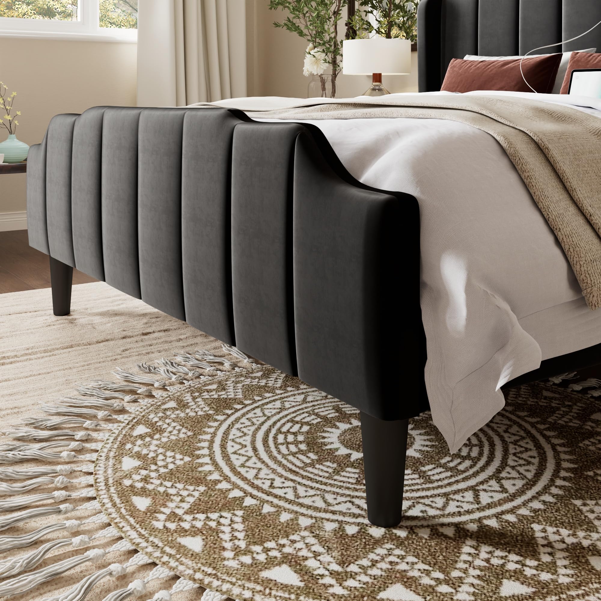 Full Size Velvet Platform Bed with Tufted Wingback Headboard