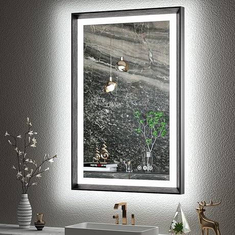 Black 36x36 Inch LED Bathroom Vanity Mirror with Front Lights Backlit Aluminum Alloy Frame Rectangle Beveled Edge