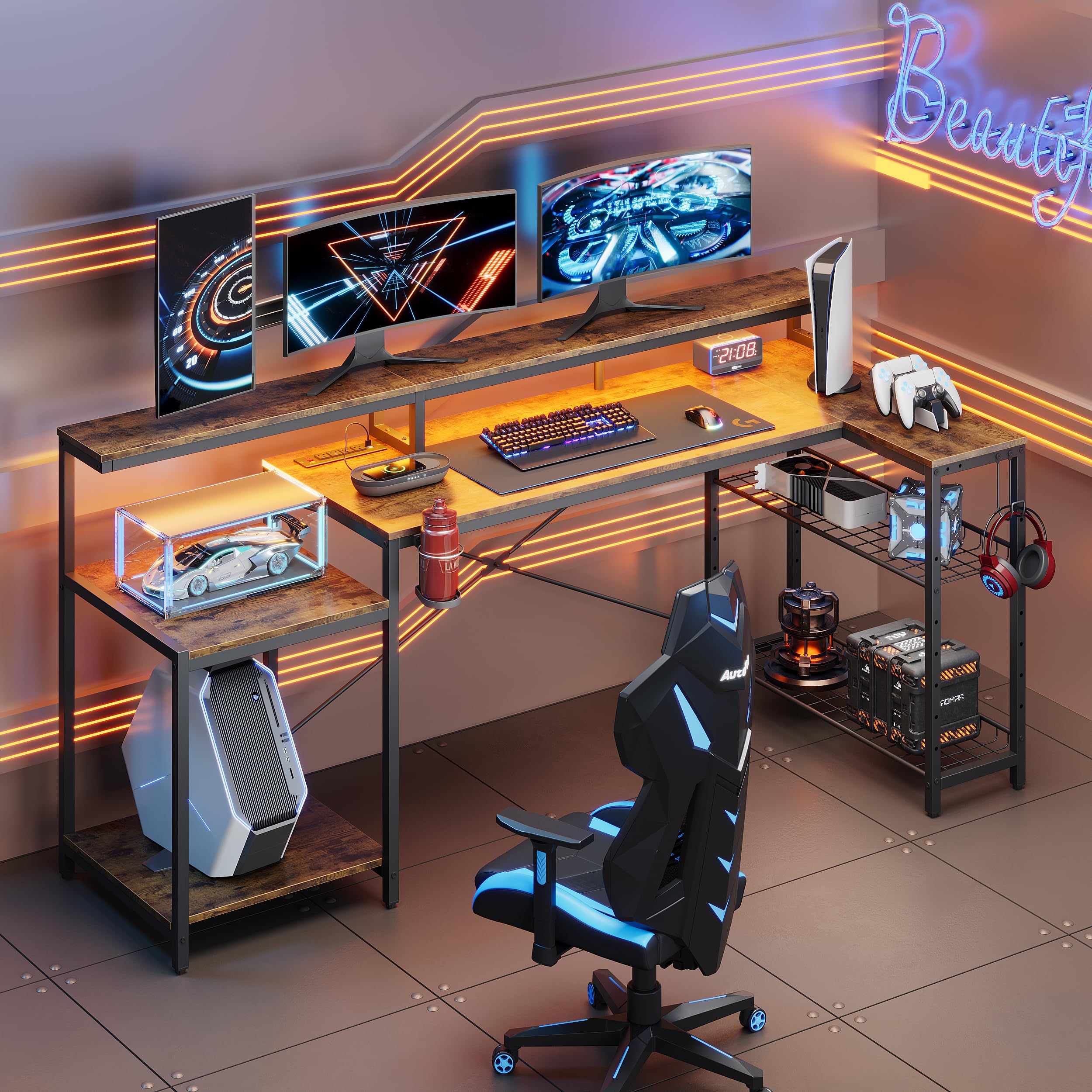 71.5 inch Computer Desk with Power Outlets, LED Large Home Office Desk with Monitor Stand