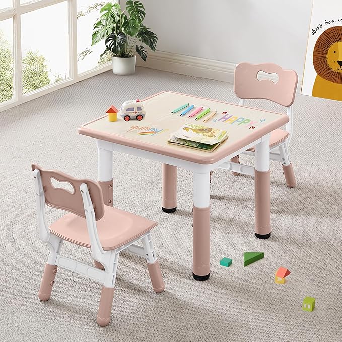 Kids Table and 2 Chairs Set, Height Adjustable Toddler Table and Chair Set for Age 2-8,