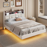 Floating Bed Frame with RGB LED Lights and Charging Station,Velvet Upholstered