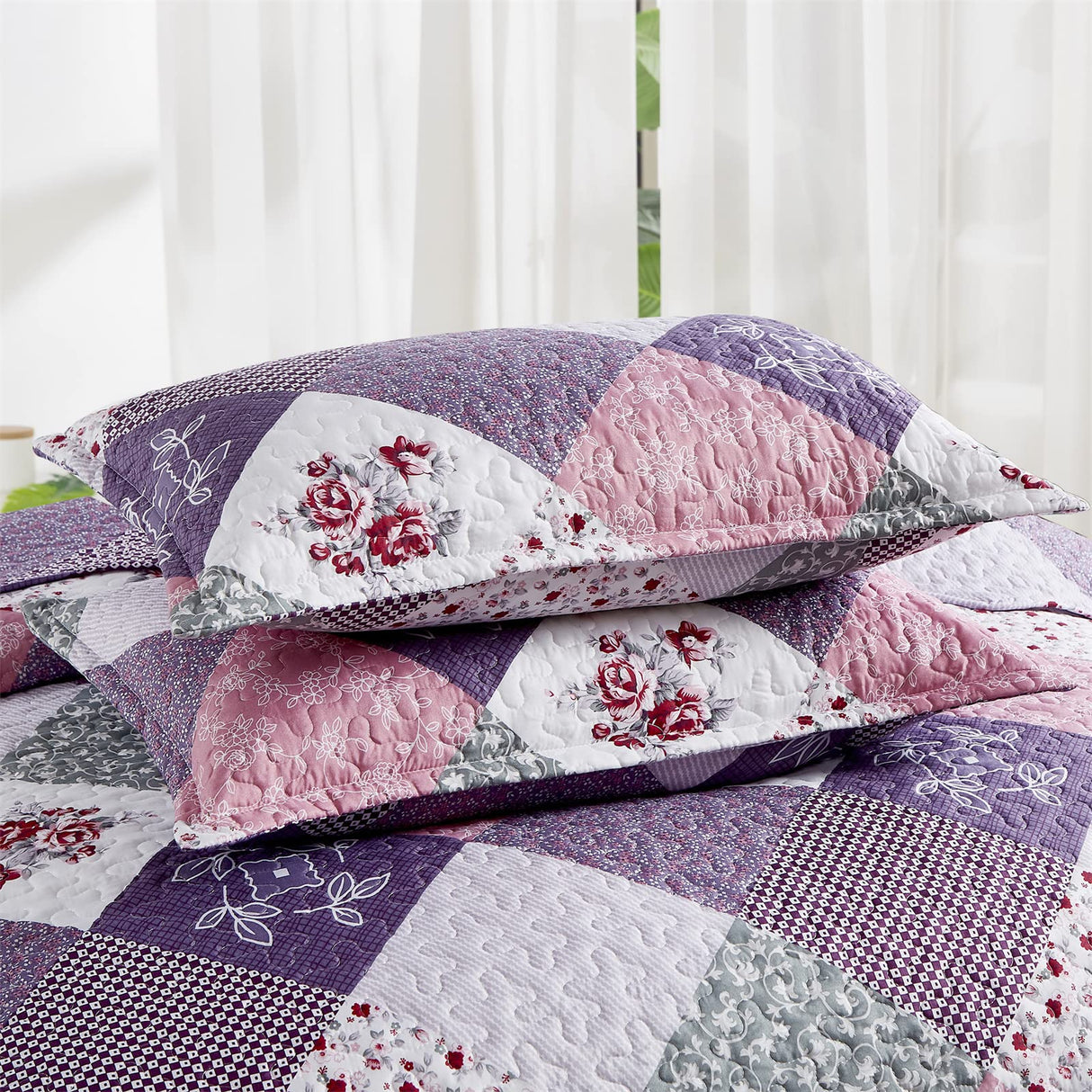 Purple Quilt Set Queen Size, Reversible Floral Plaid Patchwork Pattern Bedding