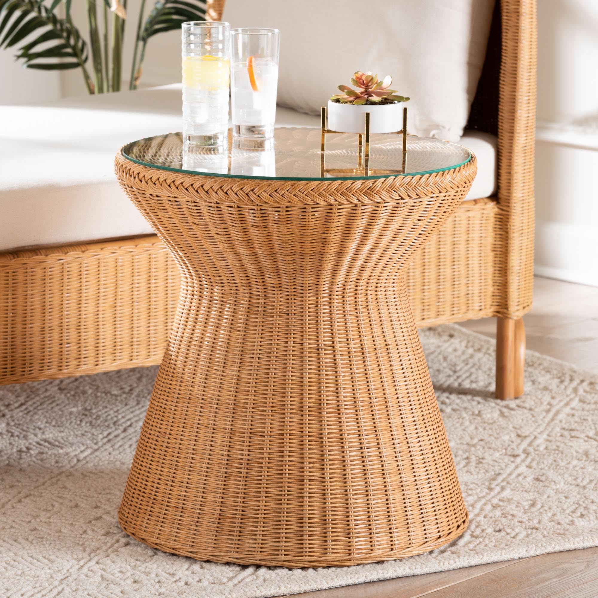 Nina End Table, Round, Natural Rattan