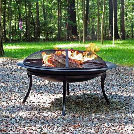 29-Inch Portable Fire Pit Bowl with Spark Screen, Fireplace Poker, Folding Stand