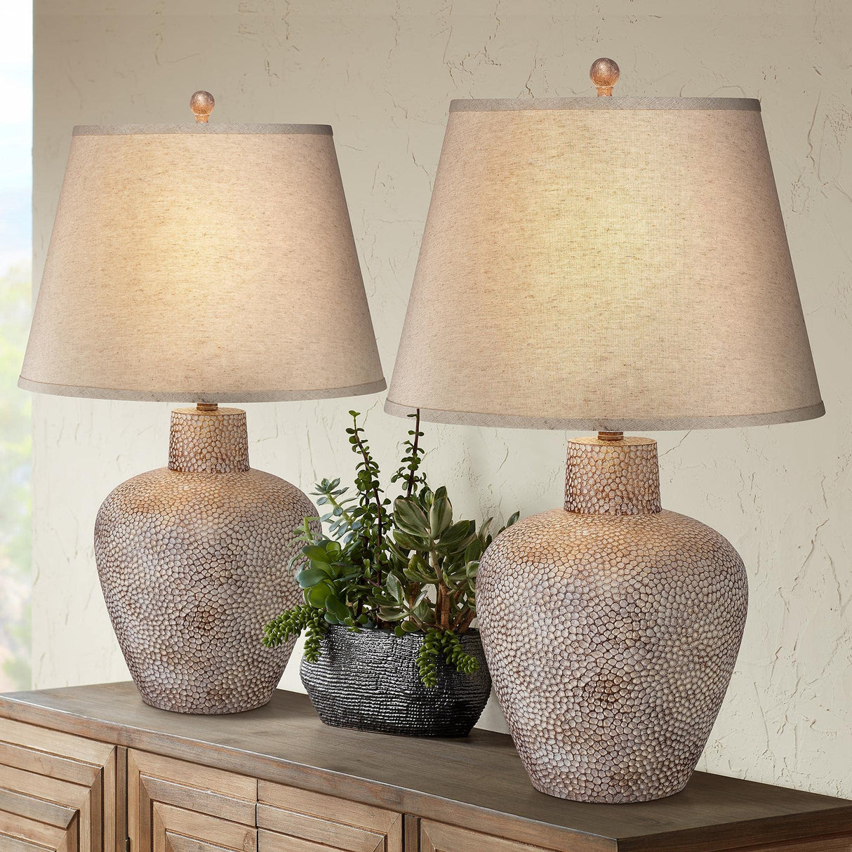 Bentley Rustic Farmhouse Table Lamps 29" Tall Set of 2 Brown Leaf Hammered Metal Pot