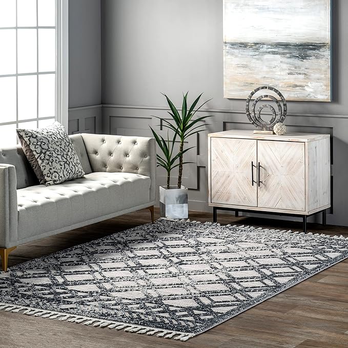 8x11 Ansley Moroccan Tassel Area Rug, Grey, High-Low Textured Bohemian Design