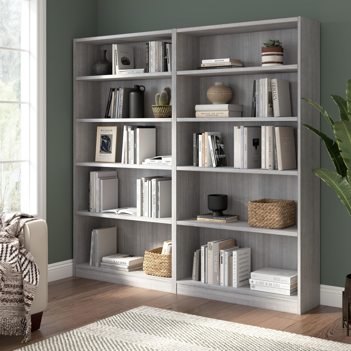 Universal Tall 5 Shelf Bookcase in Ash Gray