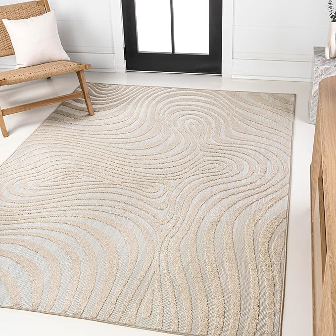 SCN103E-5 Maribo High-Low Abstract Groovy Striped Dark Blue/Cream 5 ft. x 8 ft