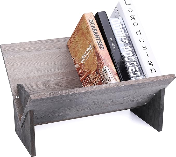 Shabby Whitewashed Solid Wood Desk Top Tilted Small Bookshelf, Decorative Wooden Tabletop Book Stand