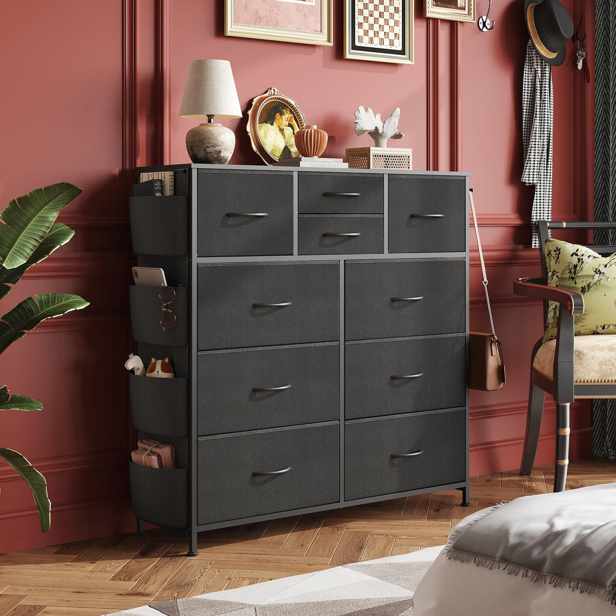 Dresser for Bedroom with 10 Drawers, Fabric Dresser Chest of Drawers with Side Pockets