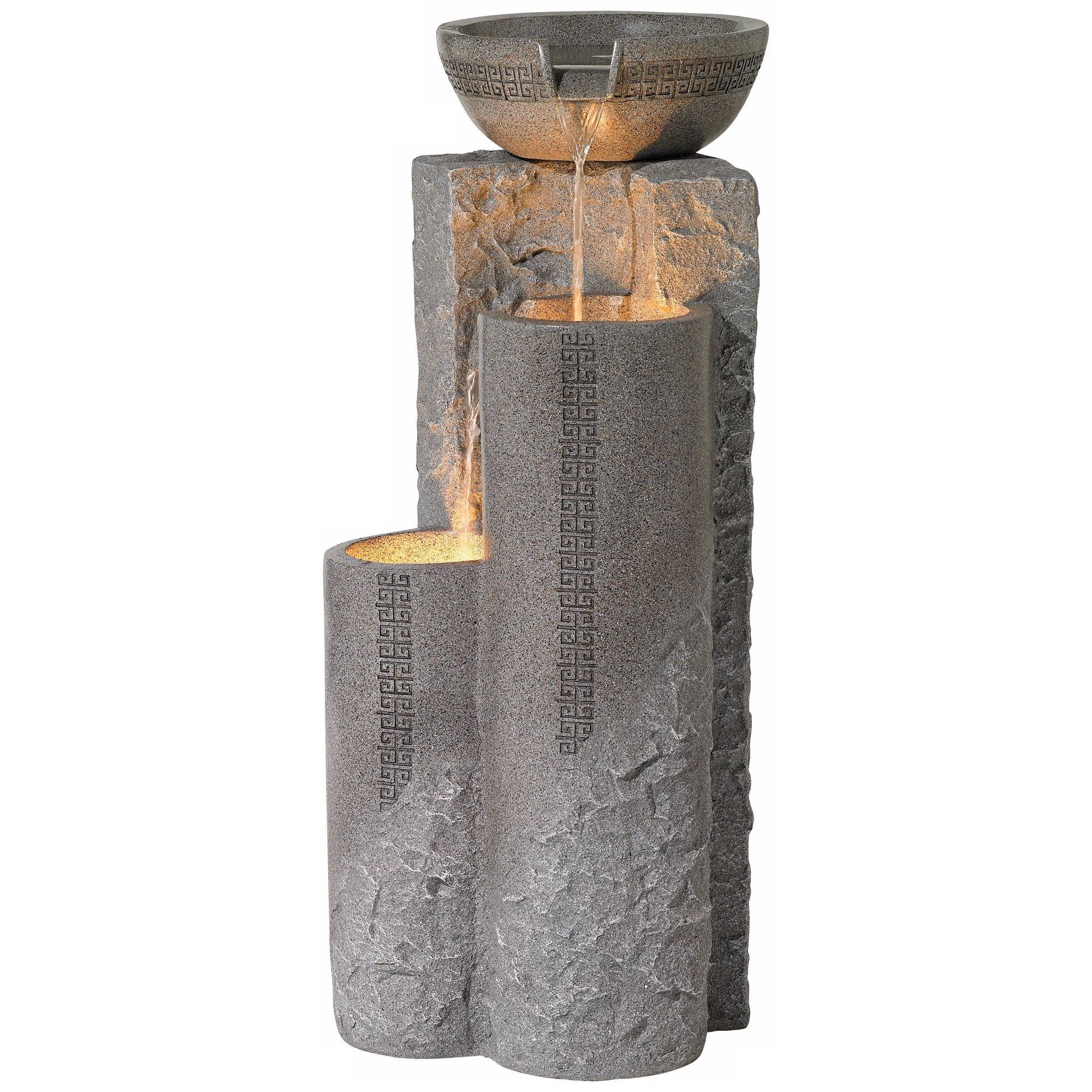 Bowl and Pillar Zen Modern Outdoor Floor Water Fountain 34 1/2" High with LED Light