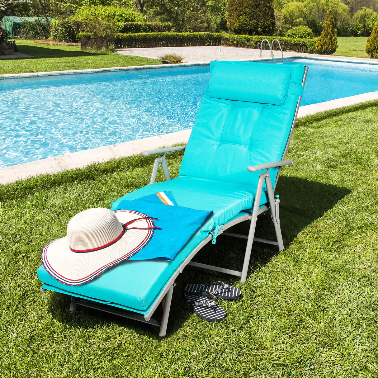 Chaise Lounge Chair for Outside, Pool Folding Reclining Beach Chair W/Removable