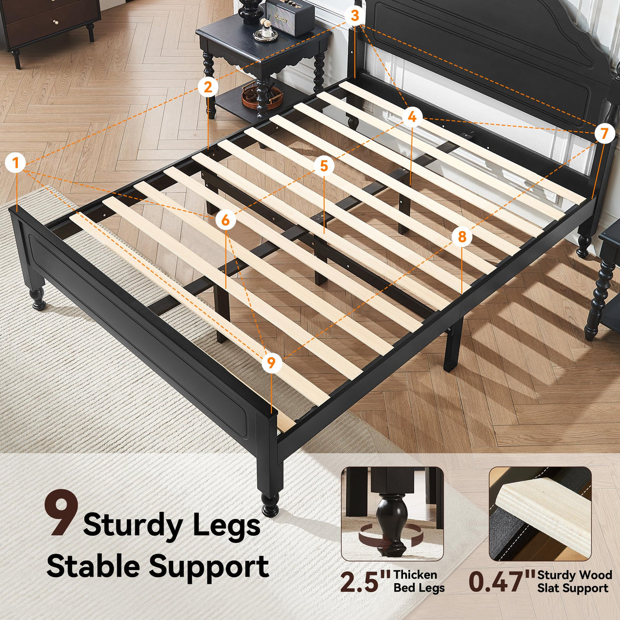Solid Wood Queen Bed Frame with Headboard - Heavy Duty Platform Bed, No Box Spring Needed