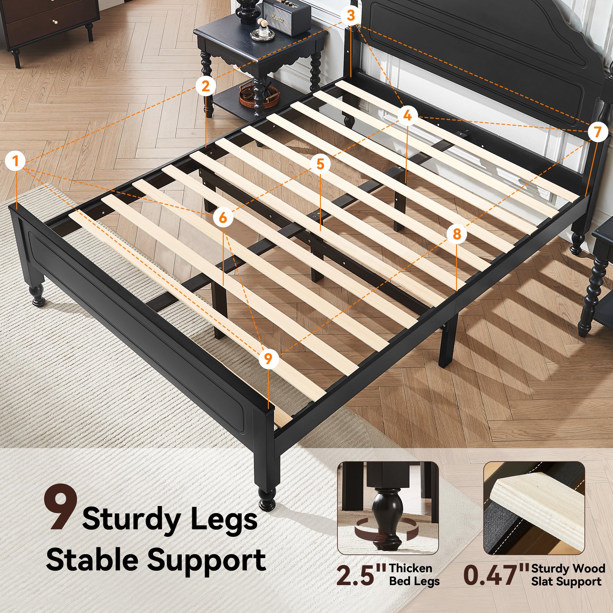 Solid Wood Queen Bed Frame with Headboard - Heavy Duty Platform Bed, No Box Spring Needed