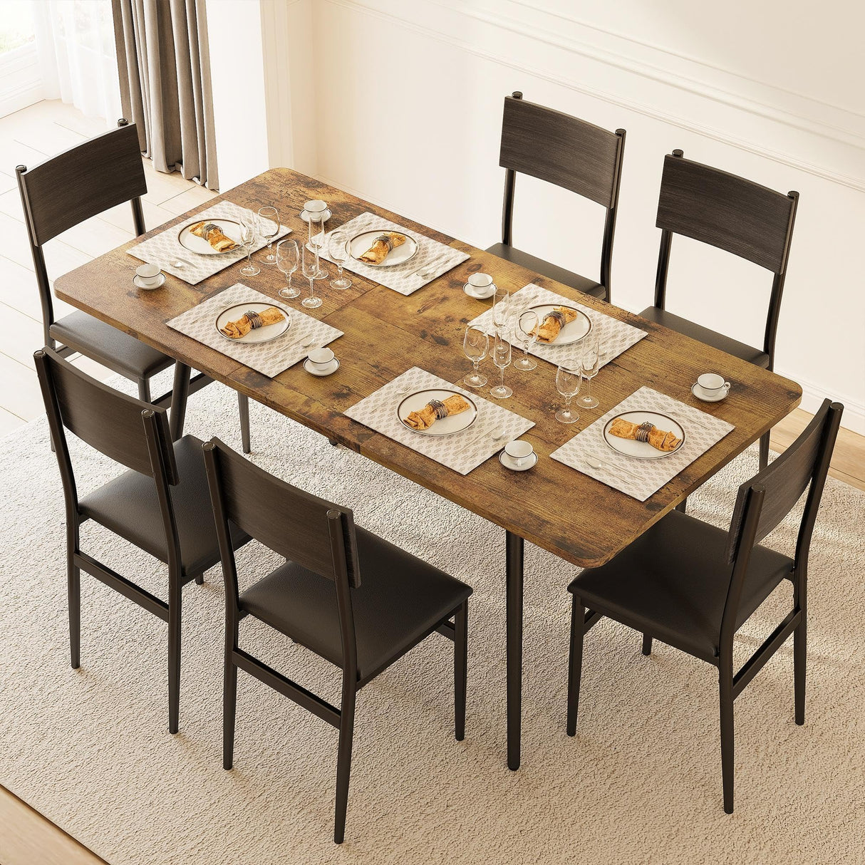 7-Piece Extendable Kitchen Table Set with 6 Upholstered Chairs