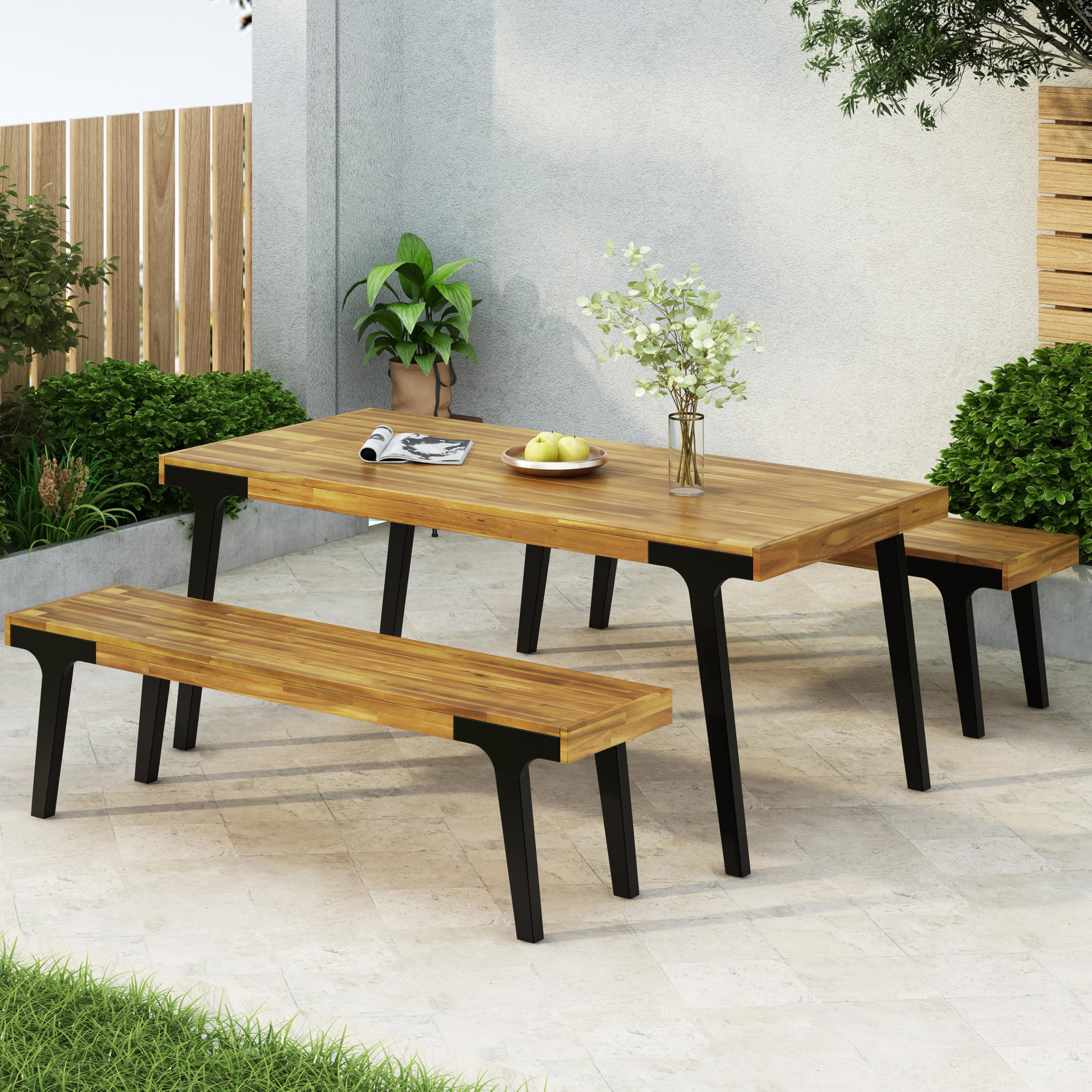 Knight Home 3 Piece Patio Dining Table,Acacia Wood Table Bench Dining Set