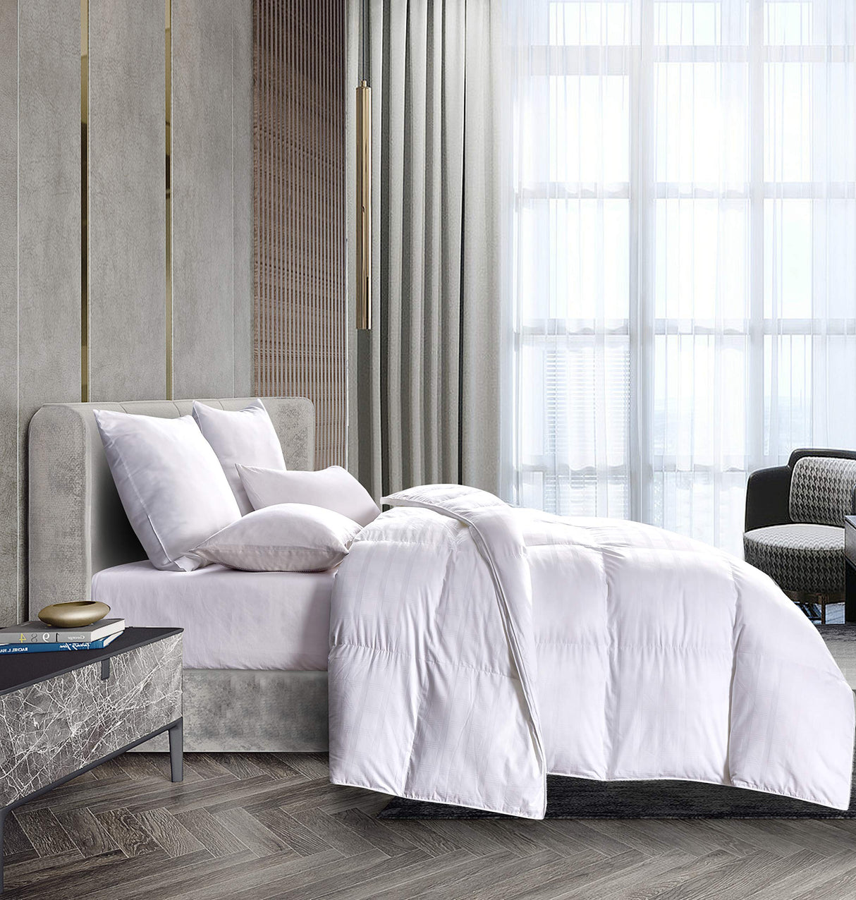 Blue Ridge Home Fashions Luxury 600 Thread Count Windowpane Pattern Oversize Down Alternative Comforter - Hypoallergenic Polyester Fill, King, White